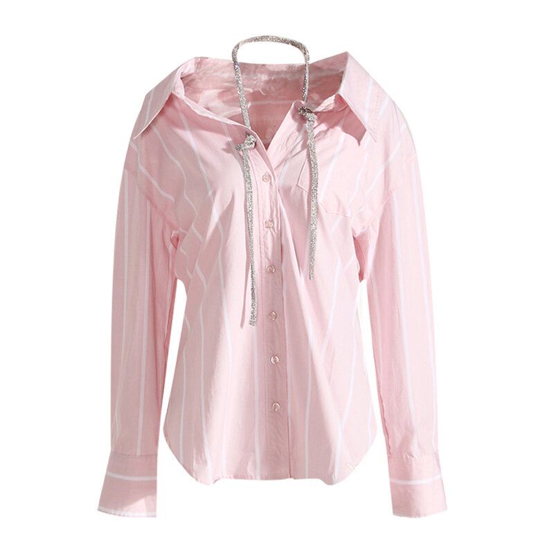 Tannt-camisa feminina com mangas compridas listras, blusas casuais, moda vintage, rosa, azul, tops soltos, novo, 2024