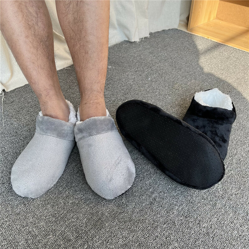 Sandal Berbulu Pria Kaus Kaki Rumah Musim Dingin Ukuran Besar Anti Selip Empuk Nyaman Lantai Pria Malas Kasual Dalam Ruangan Sepatu Datar Rumah Hitam