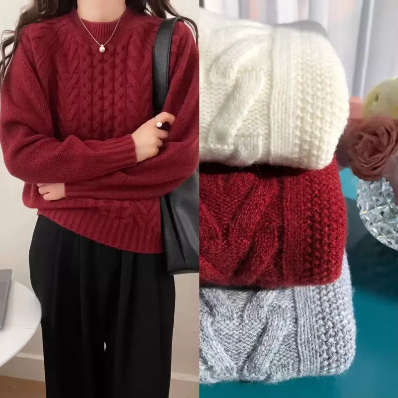 Frauen pullover einfarbig drei dimensional verdreht lässig All-Match Herbst Winter O-Ausschnitt Wolle Pullover
