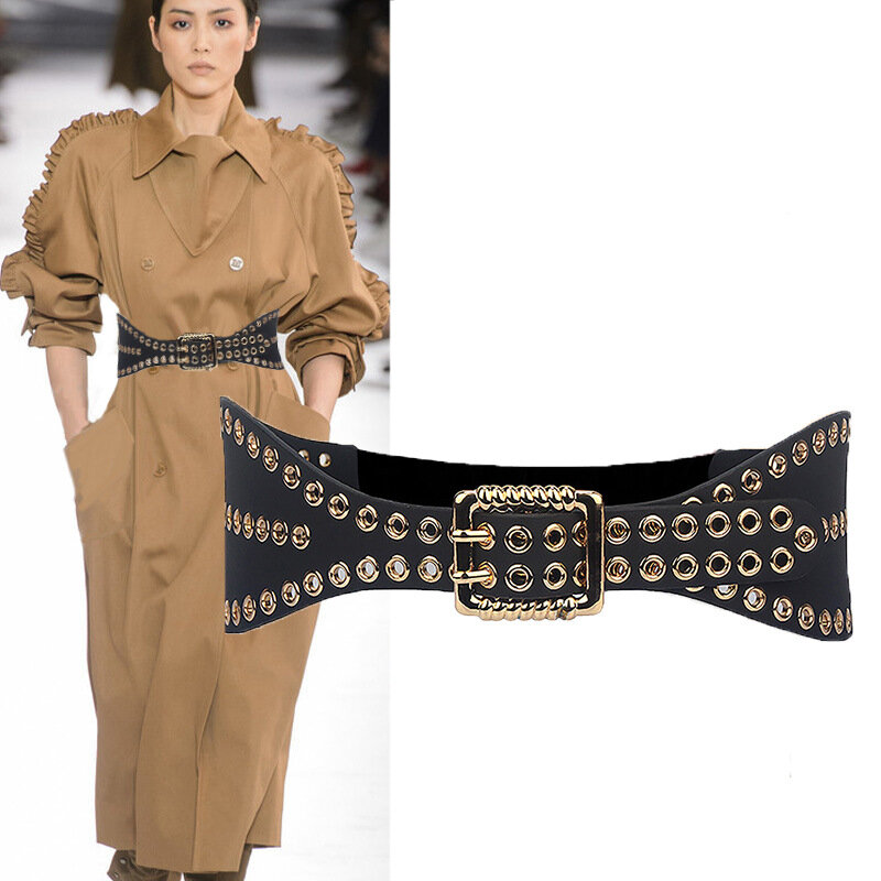 ZLY-Cinturón de cuero sintético para mujer, banda de cintura con decoración de Metal, hebilla de doble Pin de aleación, abrigo de lujo, estilo informal, novedad de 2022