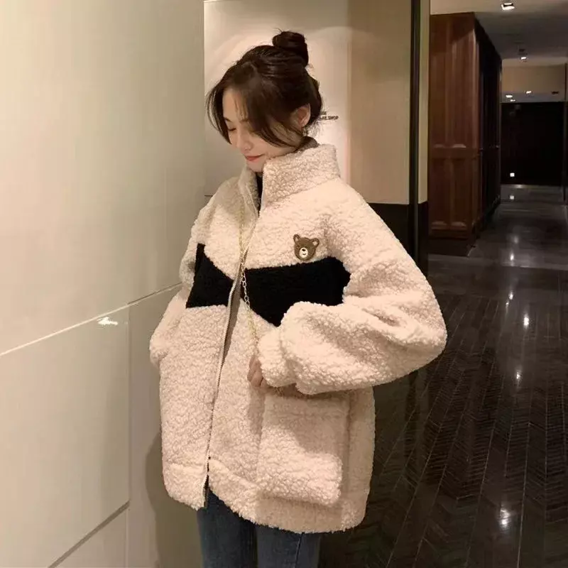 Abrigo de algodón grueso de felpa de lana para mujer, abrigo holgado con cuello levantado, cálido, novedad de invierno, 2022