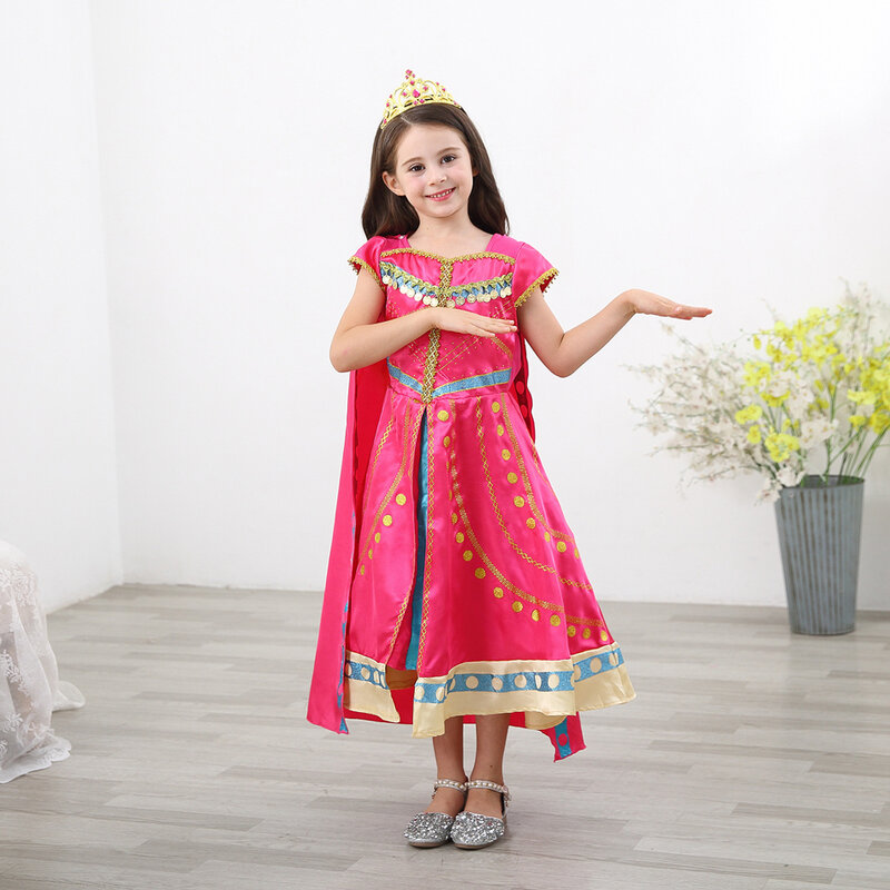 Jasmine Princess Dress for Girls Aladdin Christmas Gorgeous Pink Dress Kids LED Light Coronation Costume Child Arab Clothes