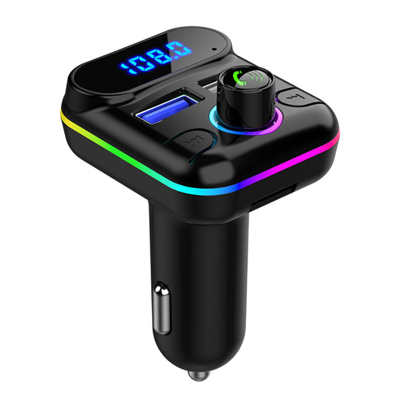 Carregador de Carro Dual USB com Lâmpada RGB Atmosfera Leve, Transmissor FM, Bluetooth 5.0, Leitor MP3, Cartão TF Mãos Livres, Reprodução de Disco U
