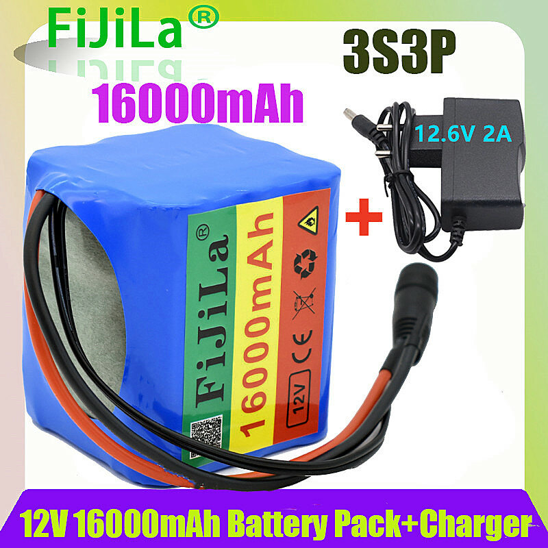 Batterie 3s3p 12V 16ah, lithium-ion 18650, très grande capacité, rechargeable avec BMS et chargeur 12.6V 2a inclus