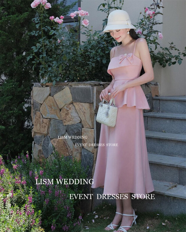 LISM-Vestidos de Noche Rosa dulce para sesión de fotos, Top corto con tirantes finos para graduación, vestido Formal para ocasiones con lazo, vestido de fiesta sin espalda
