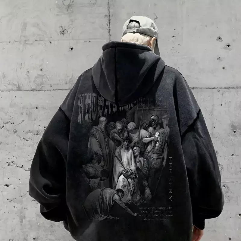 Hoodie Besar Gotik Atasan Besar Longgar Motif Antik Amerika Dicuci Harajuku Baju Kaus Lucu Grunge Y2k