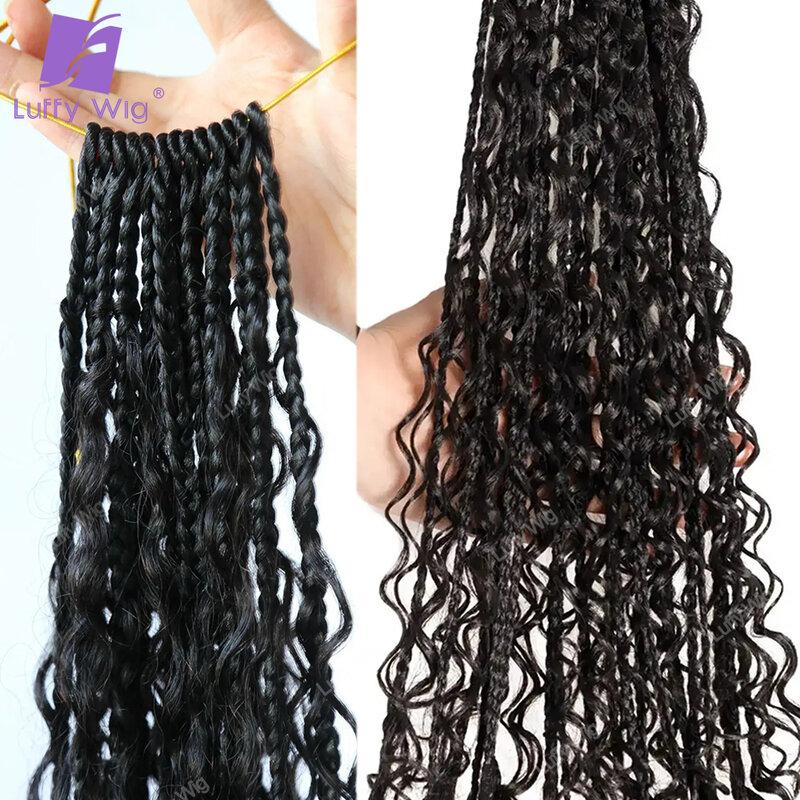 Trenzas de caja Boho de ganchillo para mujeres negras, cabello sintético pretrenzado con rizos de cabello humano, peluca Luffywig