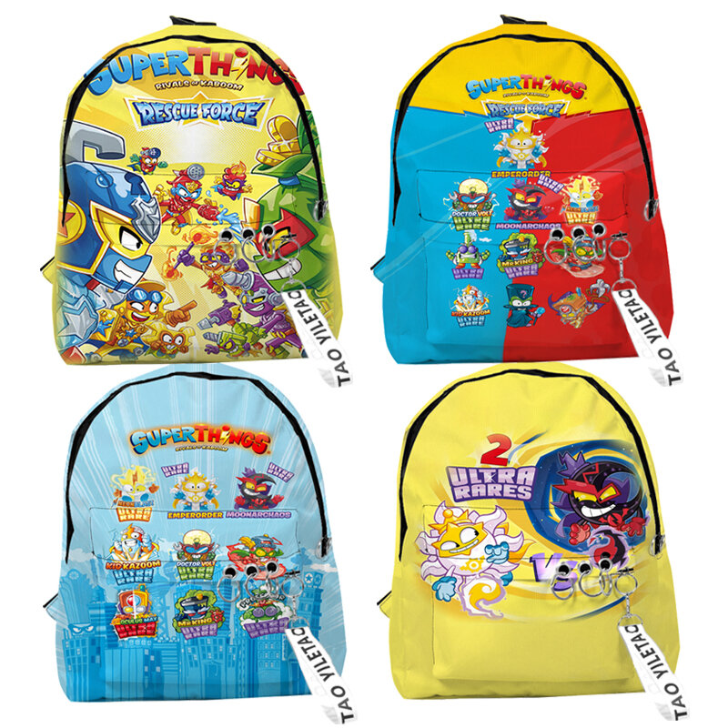 SuperThings 10 bolsas escolares Rescue Force, bolsas de viaje Super Zings para niños y niñas, pequeñas, 3D, Oxford, impermeable, llavero, cuaderno trasero