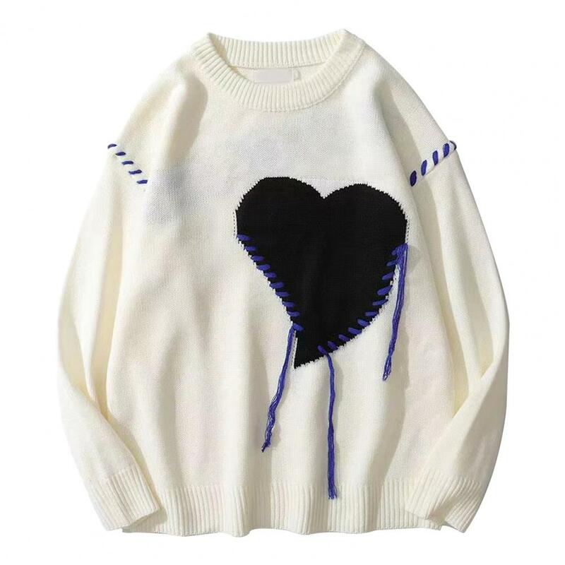 Round Neck Sweater Cozy Heart Sweater for Couples Warm Knitted Unisex Pullover with Loose Fit Soft Elastic Fabric for Fall