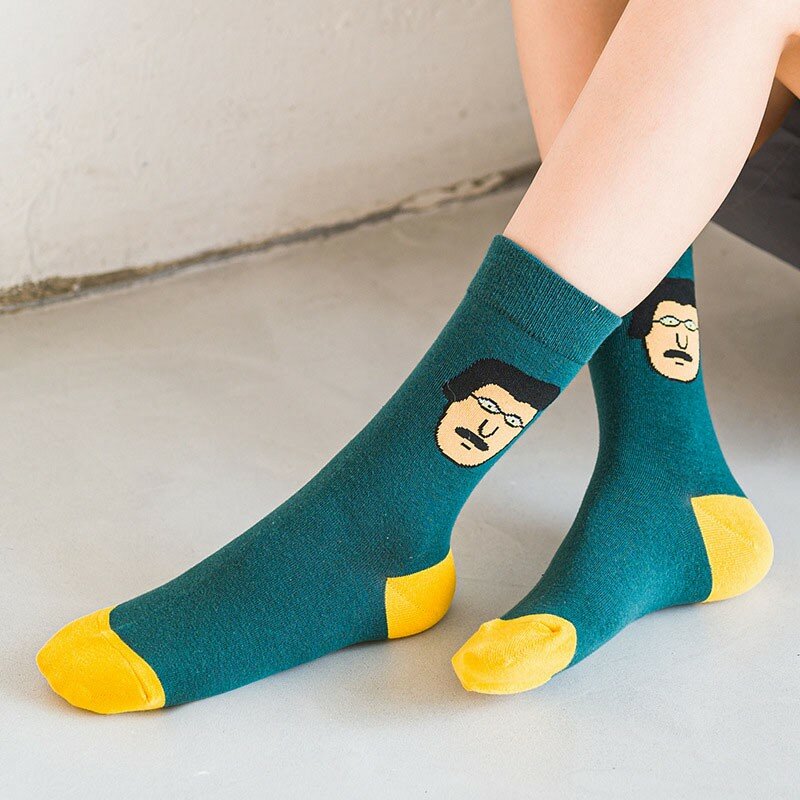 Women's Socks Cartoon Head Print Personalized Color Matching Trend Wear Durable Street Art Sports In Tube Cotton Socks K106