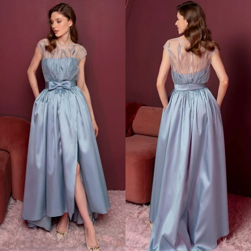 Jersey Bow Pleat Birthday A-line Scoop Neck Bespoke Occasion Gown Midi Dresses