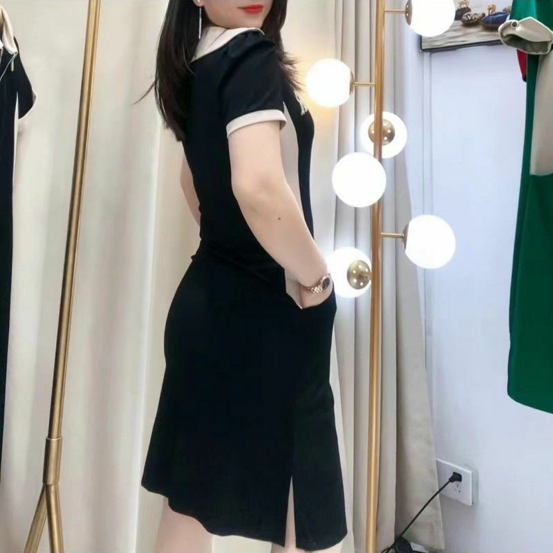 Korean Fashion Patchwork Dresses Summer Casual V-Neck Zipper Women's Clothing Slim Solid Color All-match Short Sleeve Midi Dress