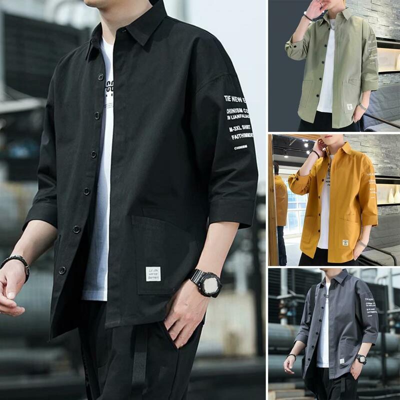 남성용 싱글 브레스트 루즈 가디건, 포켓 단색 라펠 셔츠, 일본 캐주얼 작업 셔츠 재킷, 여름 및 용수철