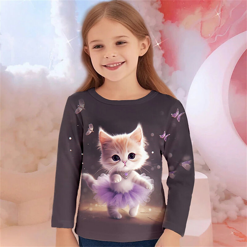 2024 estate ragazze ragazzo bambini t-shirt moda gatto stampa o-collo abbigliamento poliestere vestiti per bambini Casual cartone animato manica corta Top