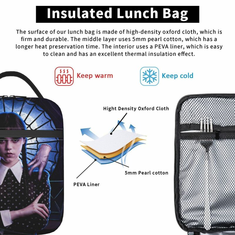 Wednesday Addams Awesome Merch Insulated Lunch Tote Bag for Picnic Food Box Multifunction Unique Design Thermal Cooler Lunch Box