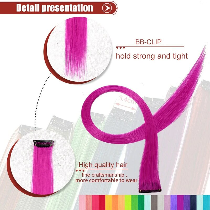 Ekstensi rambut berwarna 8 buah/pak klip highlight pesta multiwarna dalam ekstensi rambut sintetis 22 inci hiasan rambut pelangi
