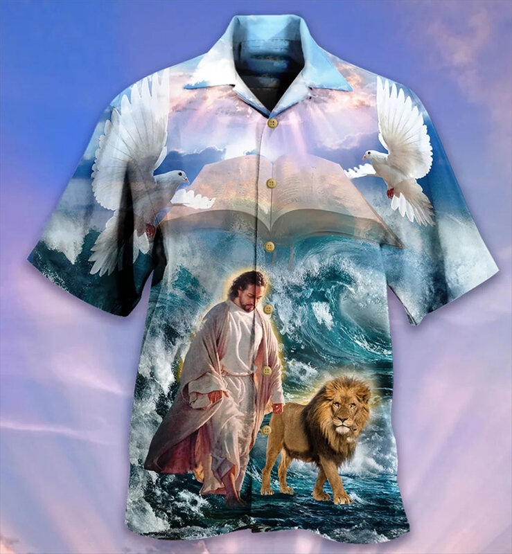 Summer Harajuku 3D Printing My God Jesus Shirts Men Jesus Blesses Everyone Lapel Shirt Kid Cool Fashion Short Shirts Clothes Top