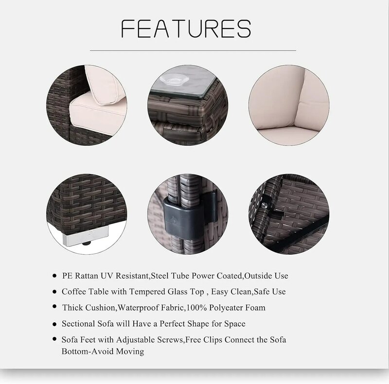6 BH Set furnitur teras PE, bagian Sofa anyaman rotan luar ruangan dengan bantal kursi dapat dicuci krem
