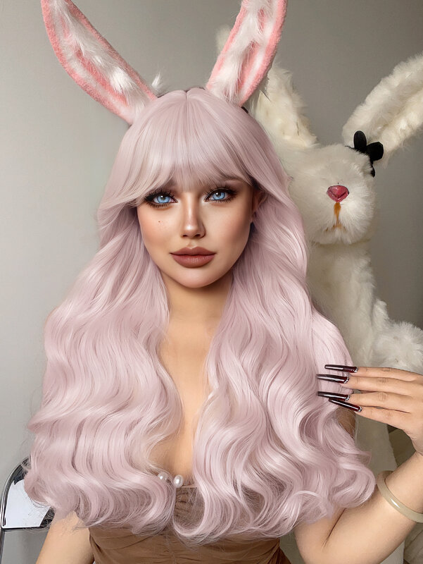 26Inch Macaron Pink Color Synthetic Wigs With Bang Long Natural Wavy Hair Wig for Women Daily Use Cosplay Daily Heat Resistant