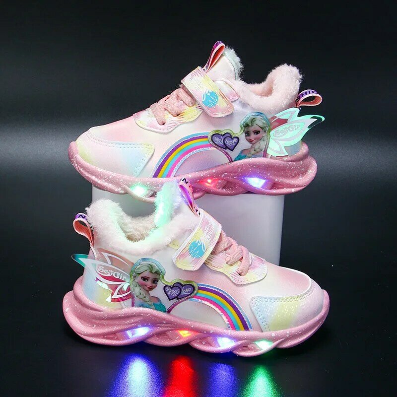 Brand Kids Girls Shoes Led Lights 2023 New Children Sneakers Girls Elsa Frozen Princess Casual Sport Shoes