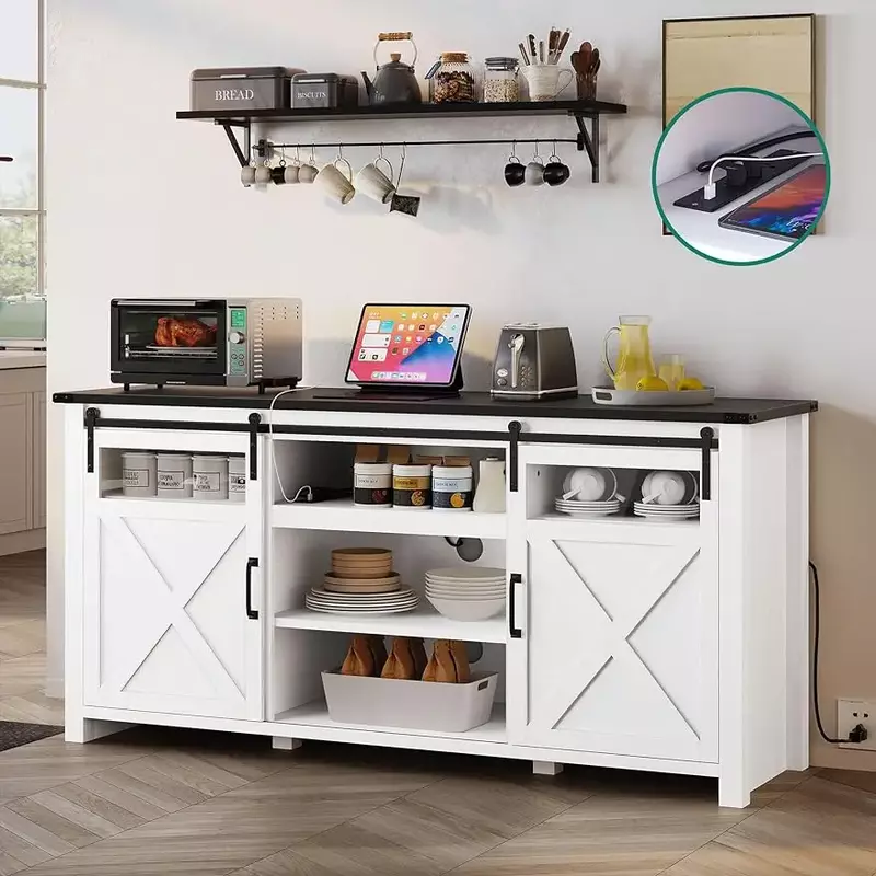 66'' Sideboard Kitchen with Power Outlet Cabinet/Storage,Adjustable Shelf,Glass Doors,Large Coffee Table for Living Dining Room