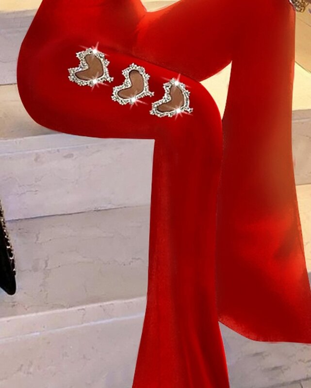 Seksowna pikantna dziewczyna z kryształu górskiego w kształcie serca rozkloszowane nogawki kombinezon nowa damska moda z długim rękawem eleganckie kombinezony na przyjęcie