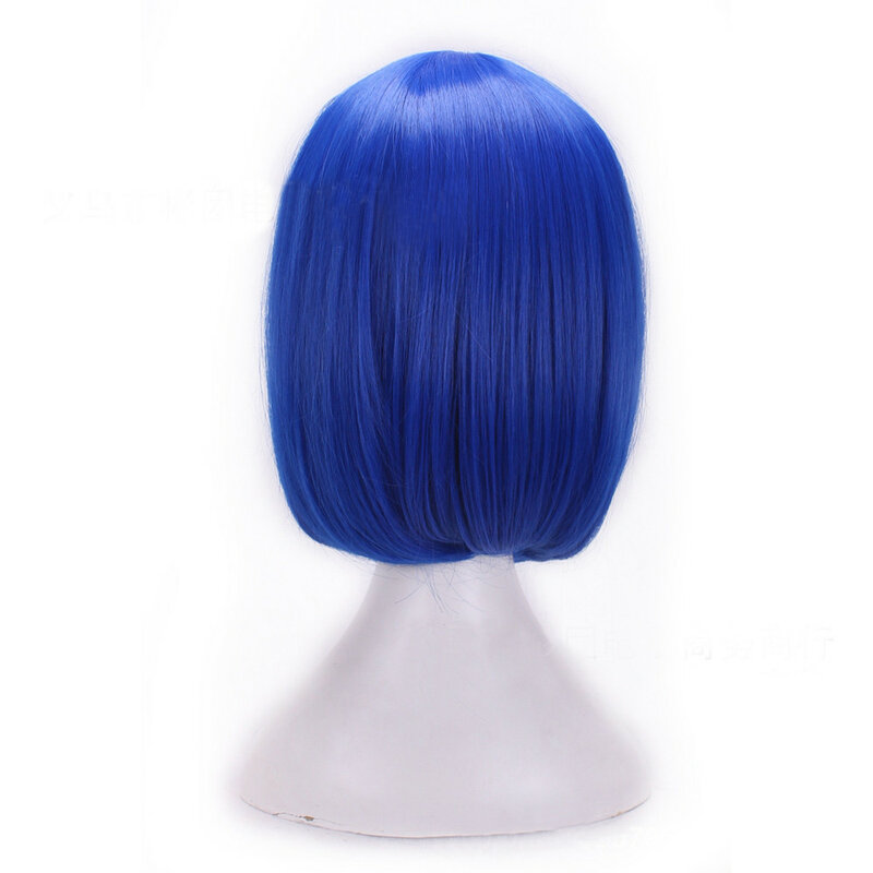 Peruka do Cosplay włókno termoodporne syntetyczne faliste w kolorze niebieskiego diamentu ukośne grzywki do włosów krótkie włosy do salonu imprezowego kobiety