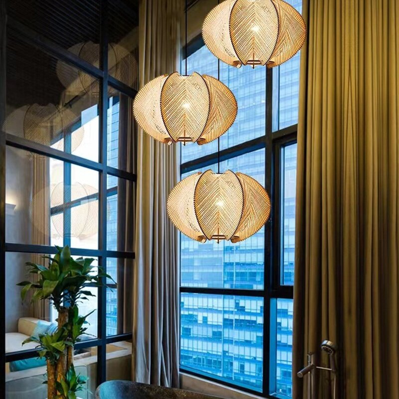 Lámpara de techo de mimbre de estilo japonés, luz colgante de bambú, luces colgantes, luces Led minimalistas para comedor