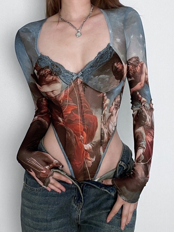 Body sexy à manches longues imprimé vintage pour femme, lingerie transparente, bustier transparent en gaze, col carré, costume de batterie