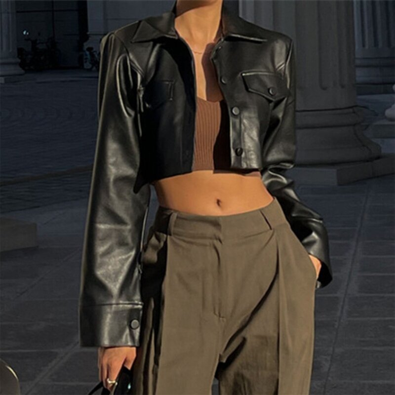Женские куртки из искусственной кожи, мотоциклетные короткие куртки из искусственной кожи на пуговицах, байкерская верхняя 066C