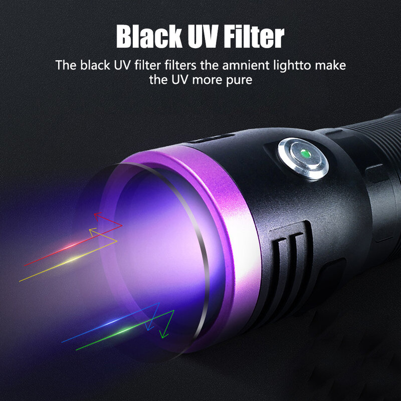 Linterna UV tipo C de alta potencia, linterna recargable, espejo negro, luz púrpura, linterna de detección UV, 60W, 80W, 120W, 3/4/6 núcleos, 365nm