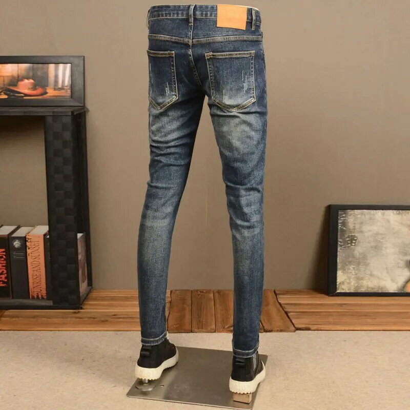 Koreaanse Stijl Mode Heren Jeans Retro Blauwe Stretch Slim Fit Gescheurde Jeans Heren Streetwear Vintage Designer Casual Denim Broek