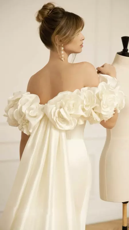 Robe de mariée sirène vintage, sexy, épaules dénudées, fleurs décrochantes à la main, dimensions plus avec train amovible