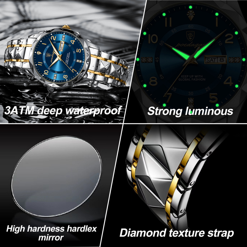POEDAGAR-reloj de pulsera de lujo para hombre, cronógrafo de cuarzo resistente al agua, luminoso, con fecha y semana, deportivo, de acero inoxidable, con caja