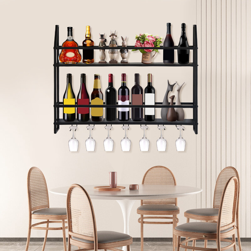 Bar Wine Shelf Wall-Mounted Bottle Holder 20 Bottles & 7 Goblets High-quality Bar Home Party Wine Holder Unique Design Decor