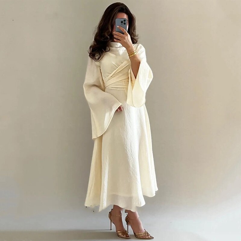 Robe de Bal en Satin pour Femme, Tenue de Soirée Formelle, Classique, Style Moderne, Arabie Saoudite, Col Haut, Ligne A, sur Mesure