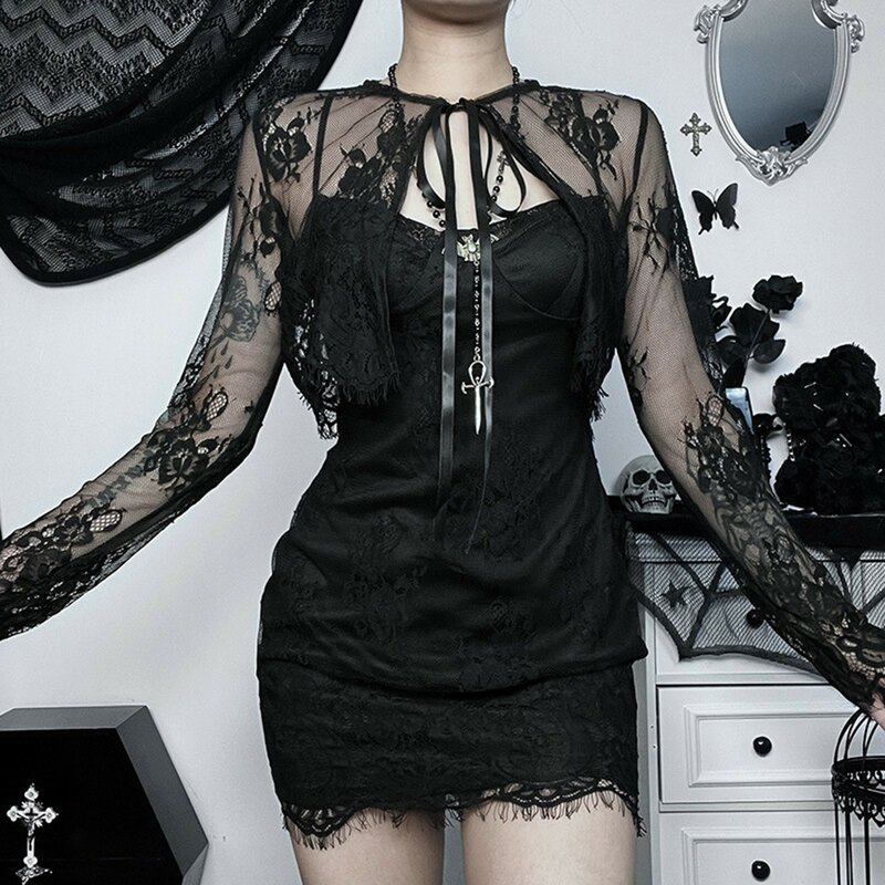Vestido de renda preto clássico feminino, dupla camada, vestido Lolita gótico, corpo de manga comprida, floral, verão
