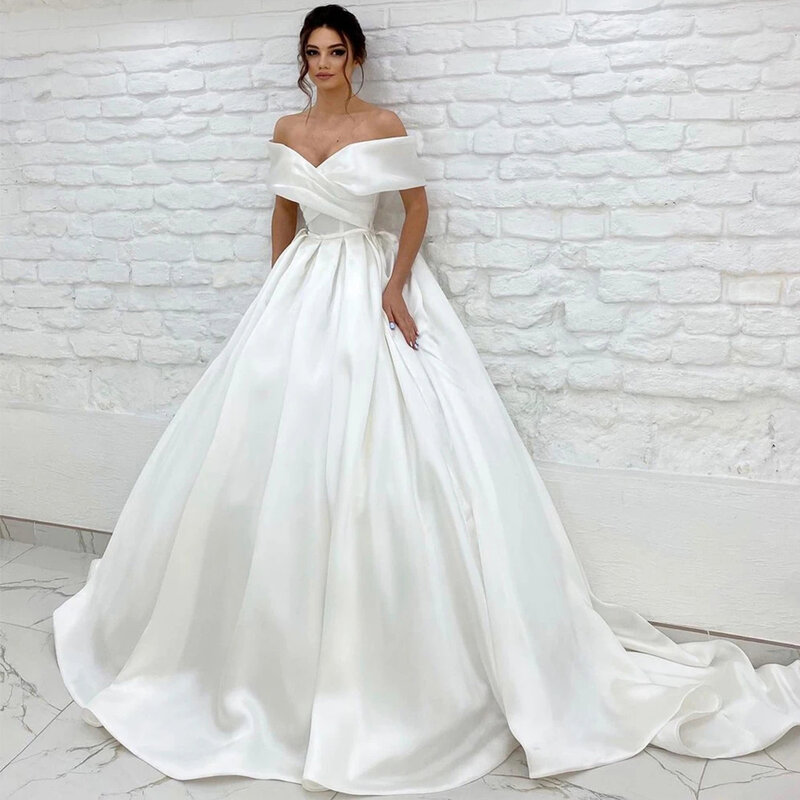 Simples Cetim Vestidos De Casamento Com Cinto Cap Sleeves V pescoço Zipper Voltar Tribunal Trem Vestidos de Noiva Formais 2023 Vestido De Noiva Robe