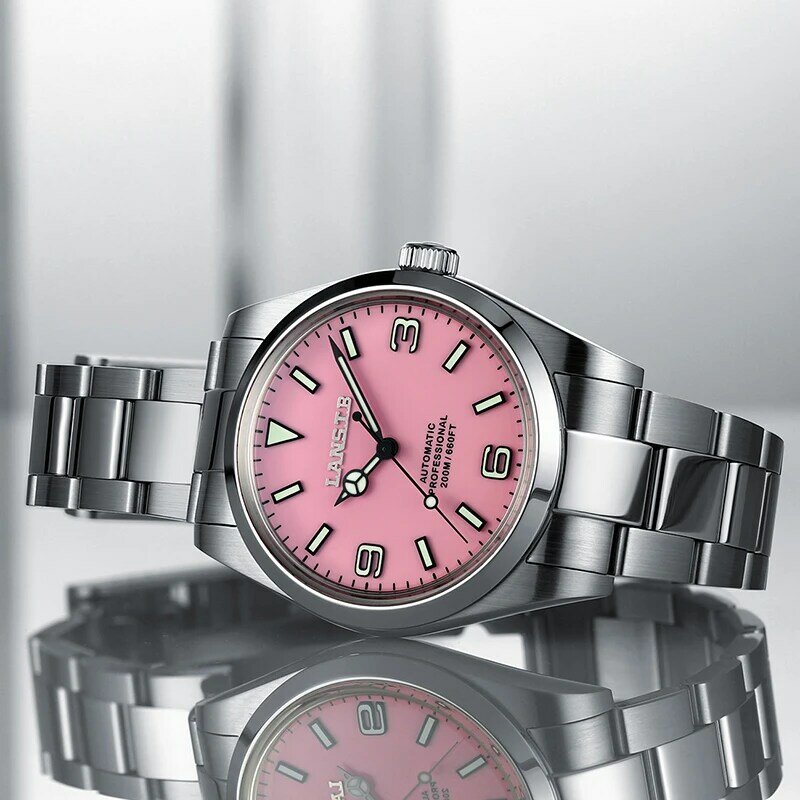 LANSTB-37mm Vintage zegarki sportowe ze stali nierdzewnej, różowy zegarek damski luksusowy, automatyczny mechanizm NH38, nowy wodoodporny zegarek nurkowy