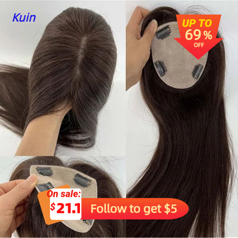 Kin-女性のための本物の人間の髪の毛のかつら、トッパーのクリップ、手作りのヘアピース、シルクベース、通気性のある閉鎖、ヘアエクステンション
