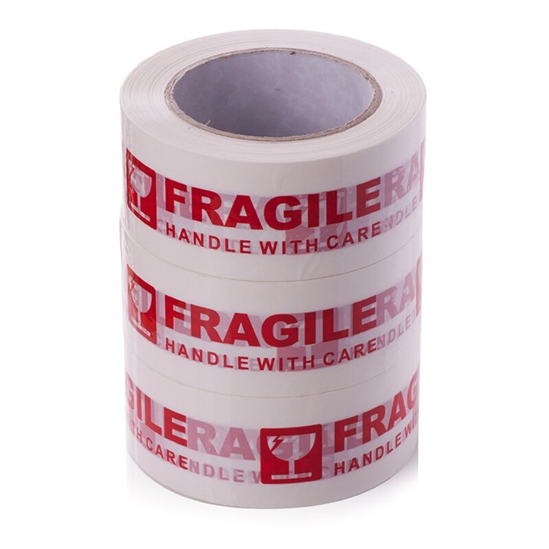 Alça fita embalagem frágil branca e vermelha com cuidado etiqueta adesiva advertência envio Bopp 100m x 50mm