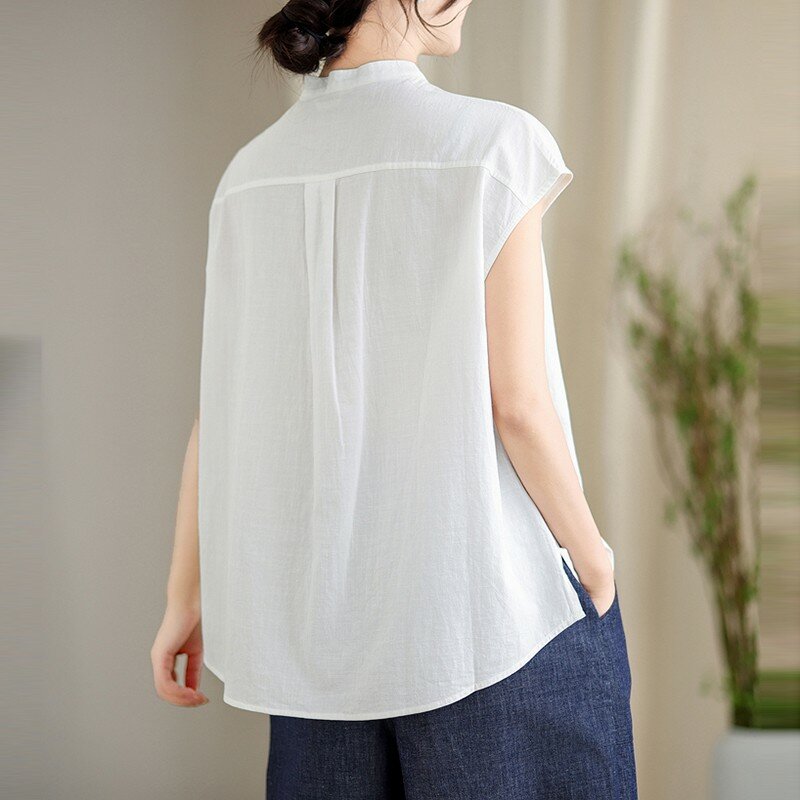 Camisa informal 100% de algodón para mujer, Estilo Vintage, cuello redondo, Color sólido, holgada, sin mangas, B3703, 2024