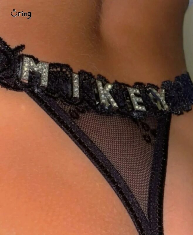 Benutzer definierte Riemen mit Namen für Freund Kristall Brief Körpers chmuck Frauen sexy Spitze Bikini G-String Höschen Valentinstag Geschenk