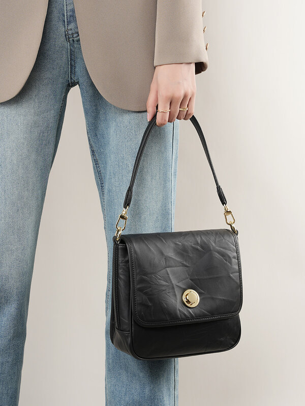 Bolsa baguete de couro arranhada à mão para mulheres, Premium plissada, bolsa tiracolo vintage, bolsa de ombro feminina, novo, 2024