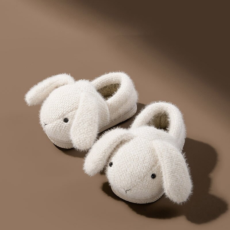 Cute Autumn Winter Boys And Girls Slippers Flat Bottom Round Toe Soft Warm Furry Slippers Rabbit Ears Solid Home Shoes 2023 New