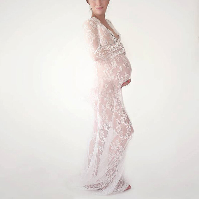Przejrzeć koronkowa sukienka seksowna z głębokim dekoltem w szpic z długim rękawem suknia w stylu Maxi Baby Shower zdjęcie ciążowe sukienki Maxi