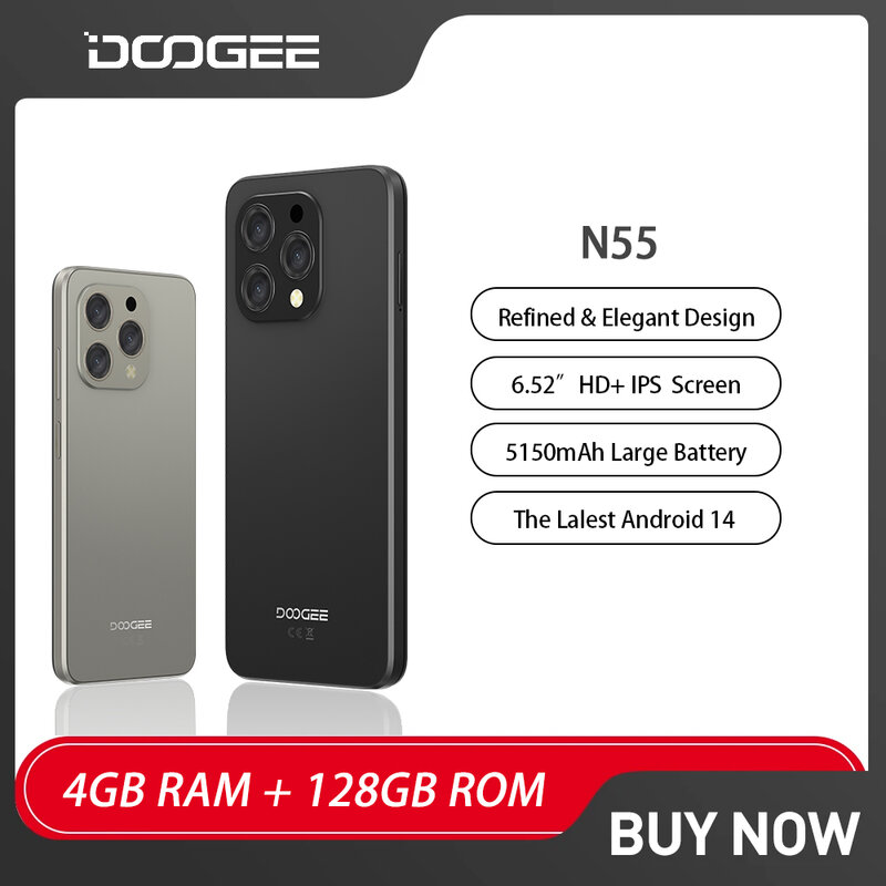 DOOGEE N55 Smartphone Android 14 Octa Core 6.56" 4GB RAM+128GB ROM Mobile Phones 5150mAh 13MP Face Unlock 4G Cell Phone On Sale