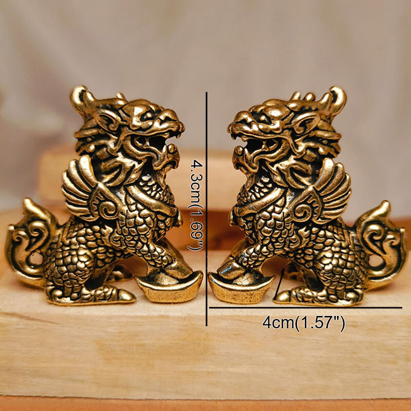 รูปปั้นทองสัมฤทธิ์รูปสัตว์ในตำนานของจีนคอลเลกชันงานฝีมือตกแต่งบ้านจิ๋วทองแดงโบราณ