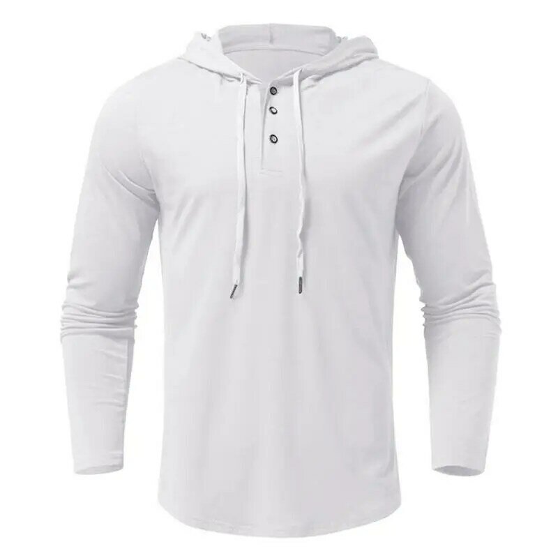 남성용 후드 셔츠, 단추 목과 앞면이 있는 솔리드 후드 셔츠, 긴팔 상의, 경량 남성 운동 후드 셔츠, 단추 배치