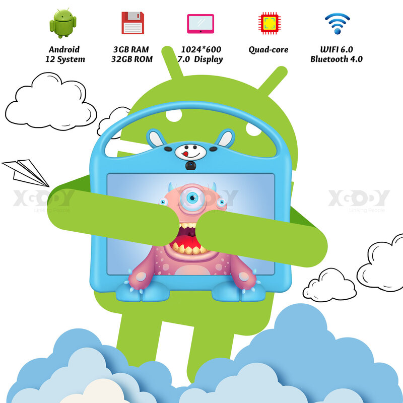 XGODY-Android Kids Tablet PC, Estudo Educação, 32GB ROM, Quad Core, Wi-Fi, OTG, Tablets Crianças com Case, 7 ", 1024x600